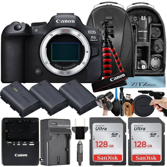 Canon EOS R6 Mark II Mirrorless Camera (Body Only) with 2 Pack 128GB SanDisk Memory Card + 3 Pieces Battery + Backpack + Tripod + ZeeTech Accessory Bundle
