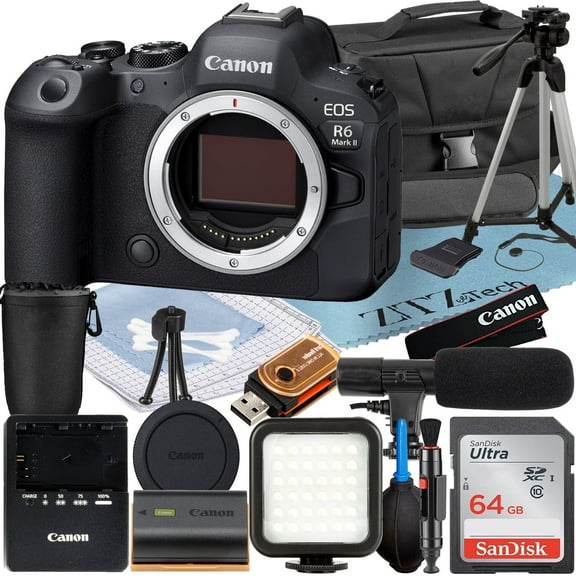 Canon EOS R6 Mark II Mirrorless Camera (Body) with SanDisk 64GB Memory Card + Case + LED Flash + ZeeTech Accessory Bundle (International Version)