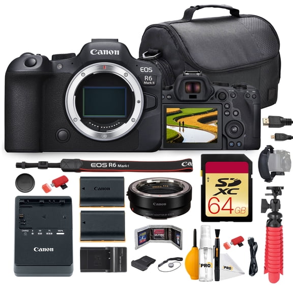 Canon EOS R6 Mark II Mirrorless Camera Bundle | 24.2MP Full-Frame Sensor, Dual Pixel CMOS AF II & 4K 60p Video | For Sports, Wildlife & Hybrid Creators + Adapter EF-EOS R + 64GB Card + Battery + More