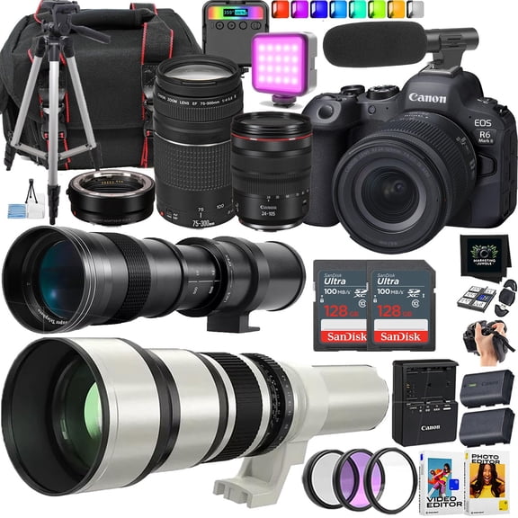 Canon EOS R6 Mark II Mirrorless Camera + Canon RF 24-105mm USM and EF 75-300mm + 420-800mm and 650-1300mm Lens (25 Piece Bundle) (International Version)