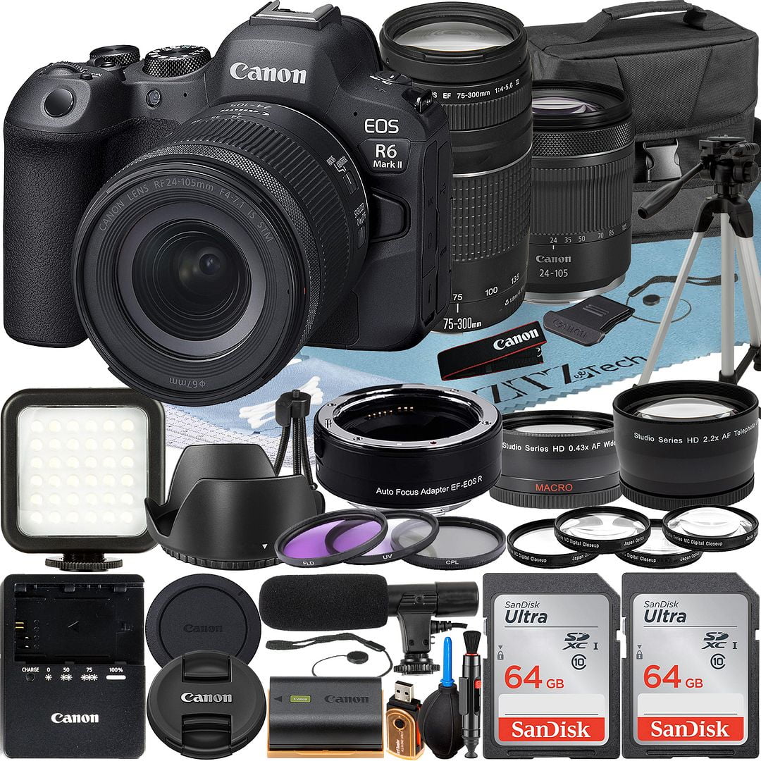 Canon EOS R6 Mark II Mirrorless Camera with RF 24-105mm STM & 75-300mm III  + 500mm f/8 Focus Lenses, Accessories: 2X 64GB Memory Cards, LED Video  Light, Microphone, Extra Battery, Case 