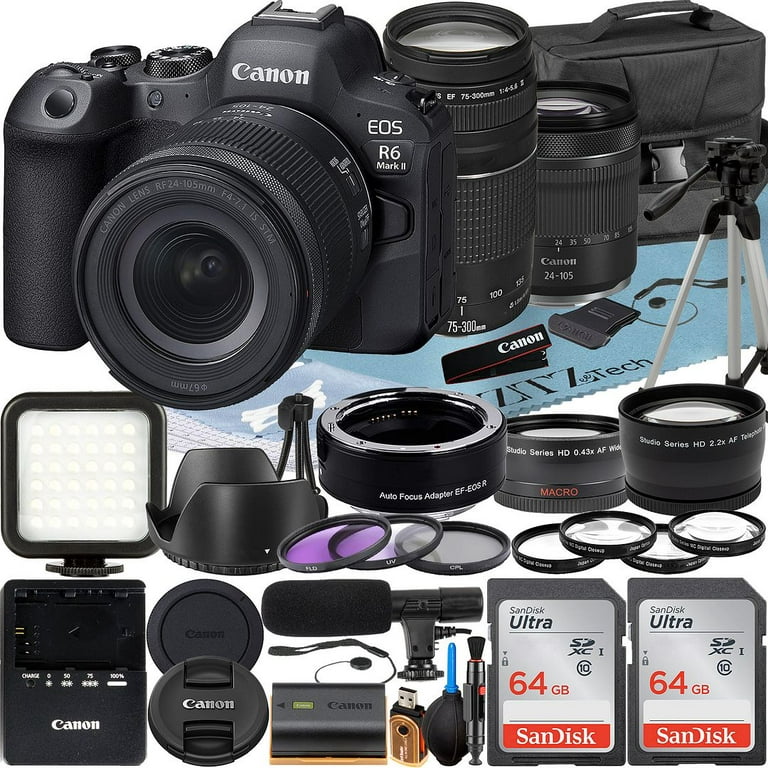 Canon EOS R6 Mark II Mirrorless Camera with RF 24-105mm Lens + EF 75-300mm  + Mount Adapter + 2 Pack SanDisk 64GB Memory Card + LED Flash + Case +  ZeeTech Accessory 