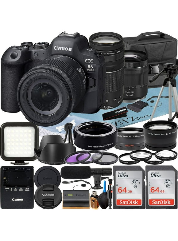 Canon EOS R6 Mark II Mirrorless Camera with RF 24-105mm Lens + EF 75-300mm + Mount Adapter + 2 Pack SanDisk 64GB Memory Card + LED Flash + Case + ZeeTech Accessory