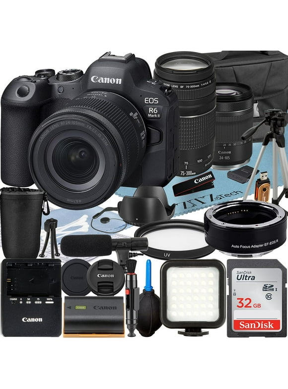 Canon EOS R6 Mark II Mirrorless Camera with RF 24-105mm Lens + EF 75-300mm + Mount Adapter + SanDisk 32GB Memory Card + Case + LED Flash + ZeeTech Accessory Bundle