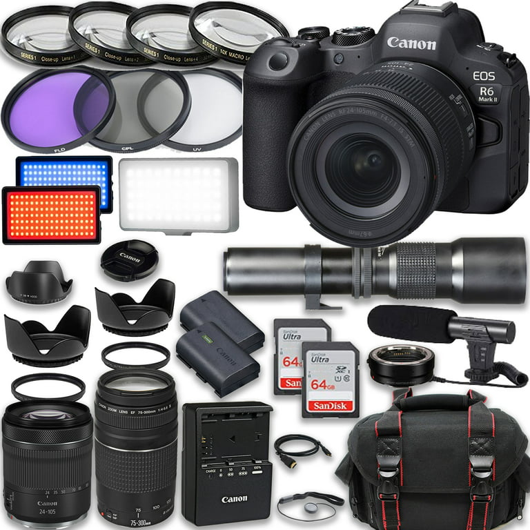 Canon EOS R6 Mark II Mirrorless Camera with RF 24-105mm STM & 75-300mm III  + 500mm f/8 Focus Lenses, Accessories: 2X 64GB Memory Cards, LED Video  Light, Microphone, Extra Battery, Case 