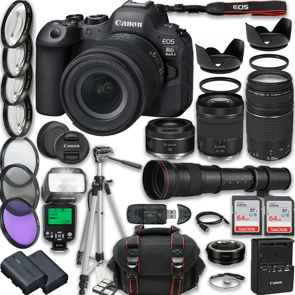 Canon EOS R6 Mark II Mirrorless Camera with RF 24-105mm STM + EF 75-300mm III + RF 50mm f/1.8 STM + 420-800mm HD Lenses + Accessories: 2X 64GB Memory Cards + TTL Flash, Extra Battery, Case & More