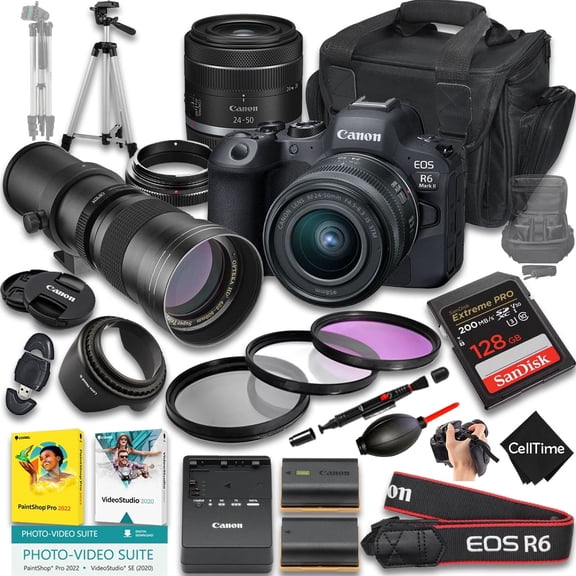 Canon EOS R6 Mark II Mirrorless Camera with RF 24-50mm f/4.5-6.3 IS STM And 420-800mm f/8 Manual Super HD Telephoto Lens + 128GB Memory + More (22pc Bundle) (International Version)