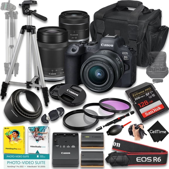 Canon EOS R6 Mark II Mirrorless Camera with RF 24-50mm f/4.5-6.3 IS STM And 55-210mm f/5-7.1 IS STM Lens + 128GB Memory + Extra Battery + Tripod + More (23pc Bundle) (International Version)