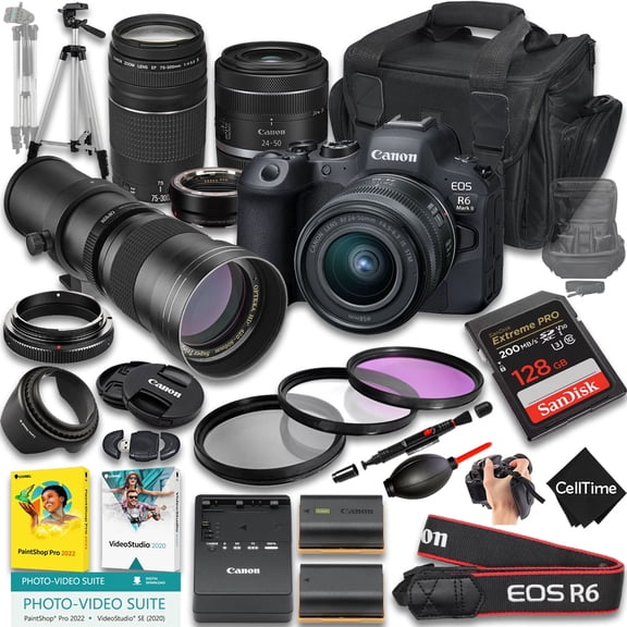 Canon EOS R6 Mark II Mirrorless Camera with RF 24-50mm f/4.5-6.3 IS STM And EF 75-300mm f/4-5.6 III & 420-800mm f/8 Lens + Mount Adapter + 128 GB Memory + Extra Battery + More (26pc Bundle)