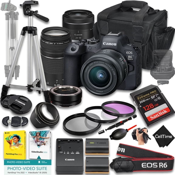 Canon EOS R6 Mark II Mirrorless Camera with RF 24-50mm f/4.5-6.3 IS STM And EF 75-300mm f/4-5.6 III Lens + Mount Adapter + 128GB Memory + Extra Battery + More (24pc Bundle) (International Version)