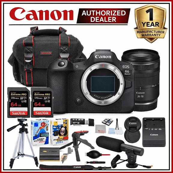 Canon EOS R6 Mark II Mirrorless Camera with RF 28-70mm STM Lens Bundle with Commander Gear Bag + Microphone + 2X 64GB Extreme Memory Cards + Accessory Kit