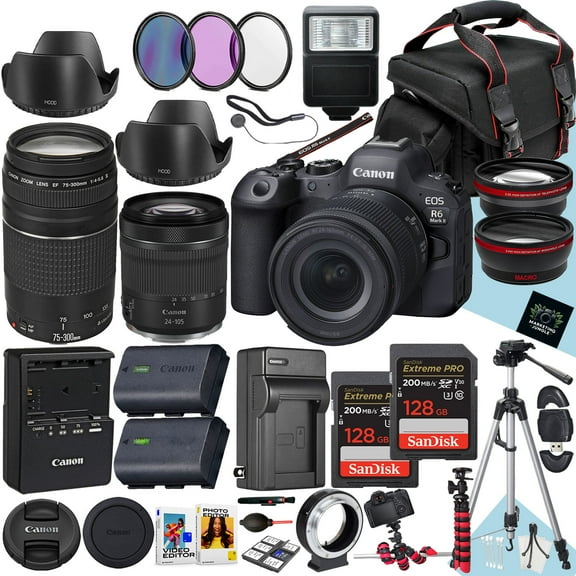 Canon EOS R6 Mark II Mirrorless Camera With 24-105mm f/4-7.1 IS STM And EF 75-300mm f/4-5.6 III Lens + 128GB And 64GB Memory + Hood + Spare Travel Charger + Filters + Tripod + More (33pc Bundle)