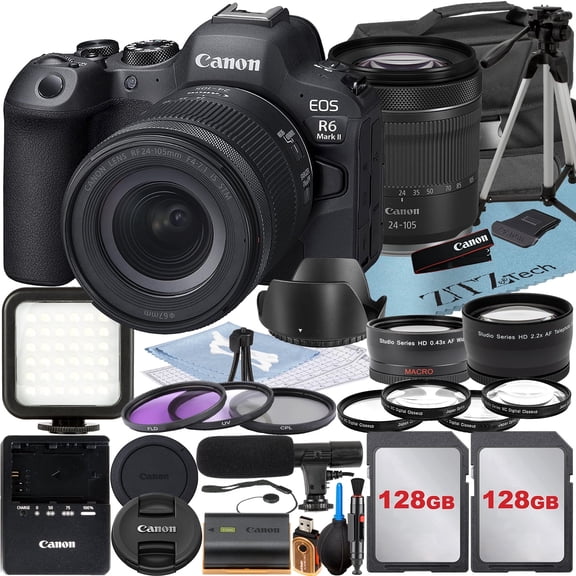 Canon EOS R6 Mark II Mirrorless Camera with RF 24-105mm Lens + Wideangle + 2 Pack 128GB Memory Card + LED Flash + Case + ZeeTech Accessory (International Version)