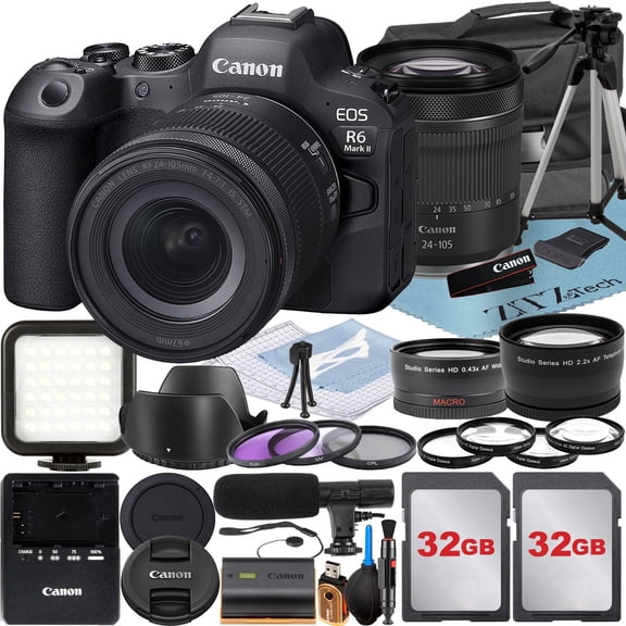 Canon EOS R6 Mark II Mirrorless Camera with RF 24-105mm Lens + Wideangle + 2 Pack 32GB Memory Card + LED Flash + Case + ZeeTech Accessory (International Version)