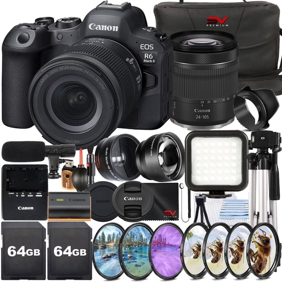Canon EOS R6 Mark II Mirrorless Camera with RF 24-105mm Lens + 2 Pack 64GB Memory Card + Case + LED Flash + SV Premium Accessory Bundle (International Version)