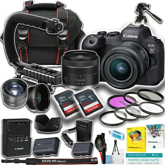 Canon EOS R6 Mark II Mirrorless Camera with RF 24-50mm Lens + 2-Pack 64GB Memory Cards + U-Grip + Tripod + Accessories (21-Piece Bundle)