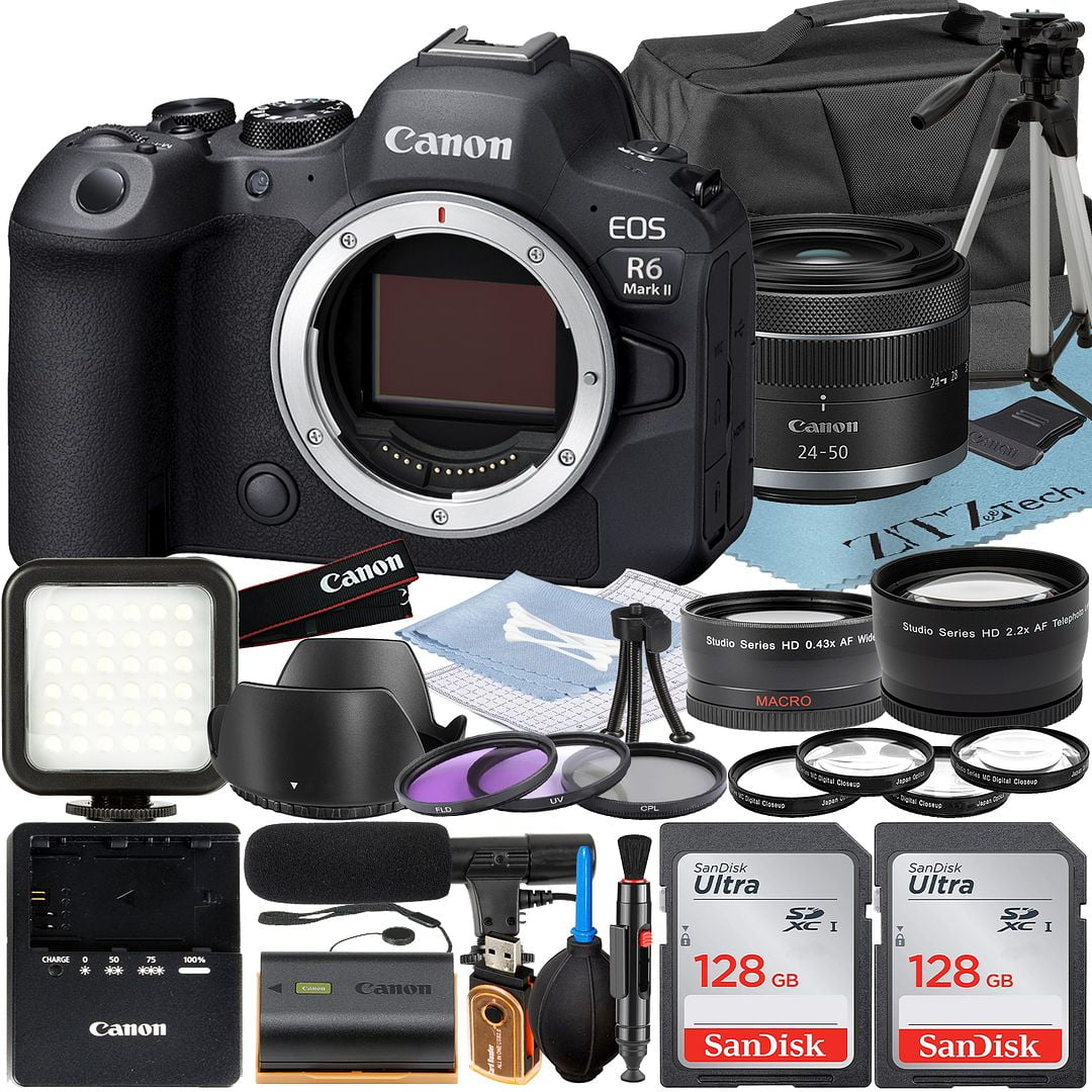 Canon EOS R6 Mark II Mirrorless Camera with RF 24-50mm Lens + Wideangle + 2 Pack SanDisk 128GB Memory Card + LED Flash + Case + ZeeTech Accessory