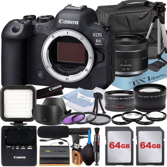 Canon EOS R6 Mark II Mirrorless Camera with RF 24-50mm Lens + Wideangle + 2 Pack 64GB Memory Card + LED Flash + Case + ZeeTech Accessory (International Version)