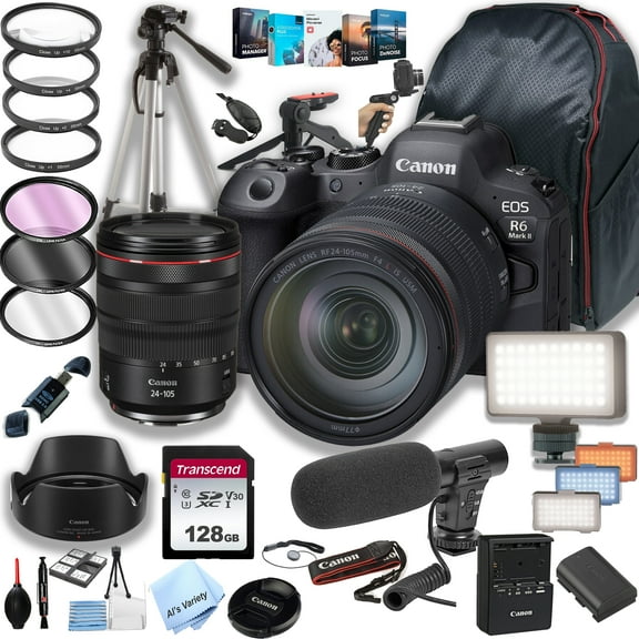 Canon EOS R6 Mark II Mirrorless Digital Camera with RF 24-105mm f/4L IS USM Lens + 128GB Memory + LED Video Light + Microphone + Back Pack + Steady Grip Pod + Tripod + Filters + Software + More