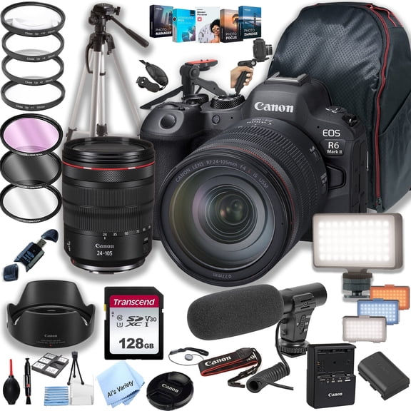 Canon EOS R6 Mark II Mirrorless Digital Camera with RF 24-105mm f/4L IS USM Lens + 128GB Memory + LED Video Light + Microphone + Back Pack + Steady Grip Pod + Tripod + Filters(International Model)