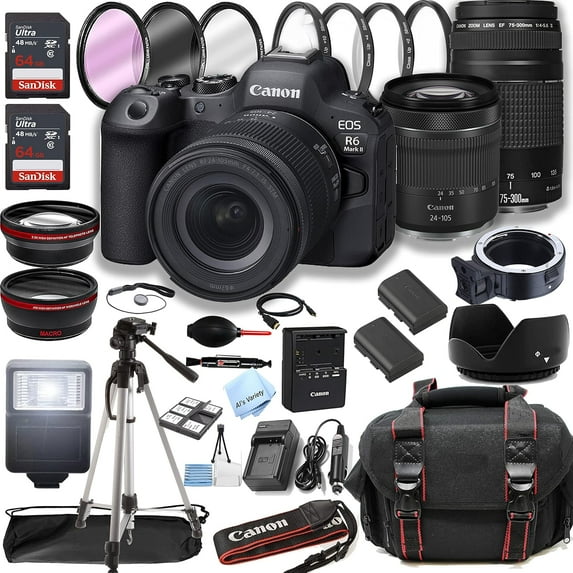 Canon EOS R6 Mark II with RF 24-105mm F/4-7.1 STM, 75-300mm F/4-5.6 III Lens, 128GB SD Memory +More (International Version)