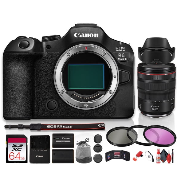Canon EOS R6 Mark III Mirrorless Camera 32.5MP | 7K 60p Video, 40fps, Stop Motion Firmware, 8.5-Stop Stabilization + RF 24-105mm f/4L Lens | 64GB Card, Battery, Filter Kit (International Model)