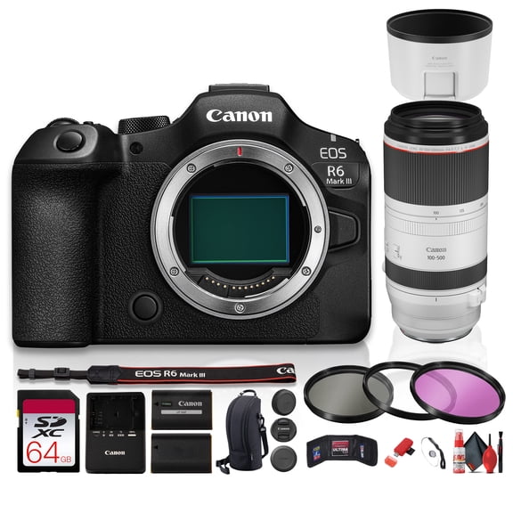 Canon EOS R6 Mark III Mirrorless Camera, 32.5MP Full-Frame, 7K 60p Video, 40 fps, Stop Motion Firmware | RF 100-500mm f/4.5-7.1 L IS USM Lens, 64GB Card, Battery, Filter Kit (International Model)