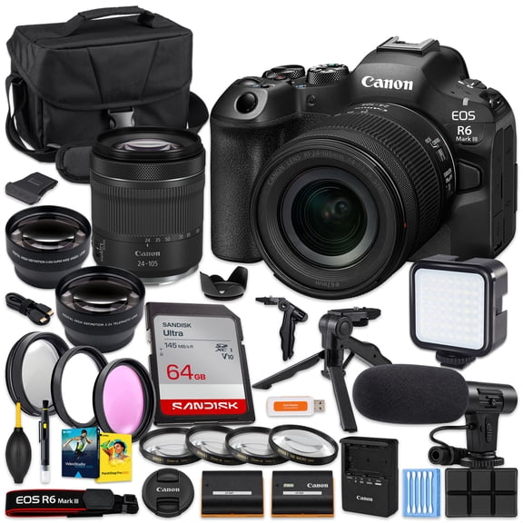 Canon EOS R6 Mark III Mirrorless Camera + RF 24-105mm f/4-7.1 IS STM | 32.5MP Full-Frame Travel & Event Kit, SanDisk Ultra 64GB Card, Extra Battery, Case, Tripod (International Model)