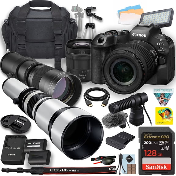 Canon EOS R6 Mark III Mirrorless Camera with RF 24-105mm f/4-7.1 IS STM, 420-800mm, and 650-1300mm telephoto lens with Canon DM-E100 Microphone + 128GB Memory Card + More (International Model)