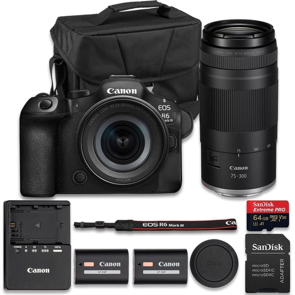 Canon EOS R6 Mark III Mirrorless Camera with RF 24-105mm f/4-7.1 is STM + RF 75-300mm f/4-5.6 Lens + Extra Battery + SanDisk Extreme Pro 128GB + More(17pc Bundle)