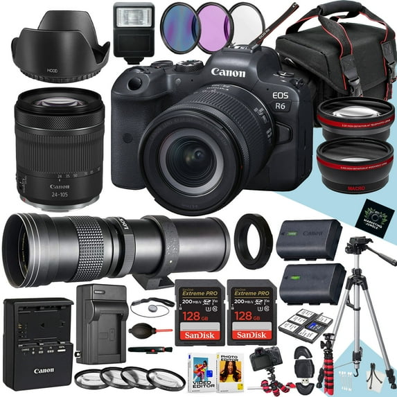 Canon EOS R6 Mirrorless Camera with 24-105mm f/4-7.1 IS STM and 420-800mm Lens + 2PC 128GB Memory + Hood + Monopod + Filters + Tripod + More (32pc Bundle)