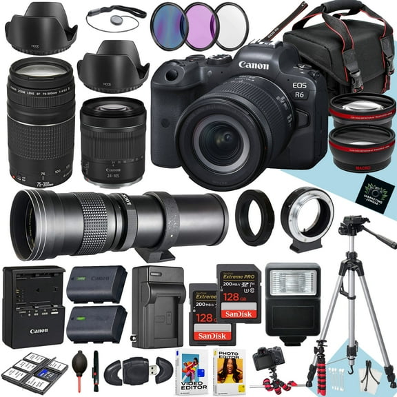 Canon EOS R6 Mirrorless Camera with 24-105mm f/4-7.1 IS STM, EF 75-300mm f/4-5.6 III and 420-800mm f/8.3 HD Telephoto Zoom Lens + 2PC 128 GB Memory + Monopod + Filters + More (35pc Bundle)