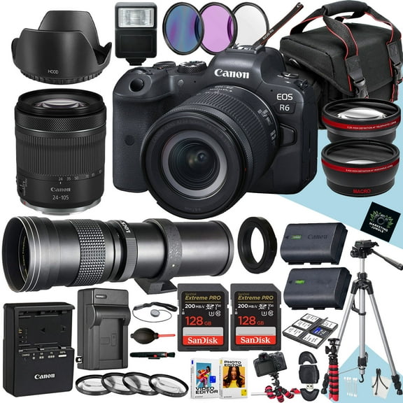 Canon EOS R6 Mirrorless Camera with 24-105mm f/4-7.1 IS STM and 420-800mm Lens + 2PC 128GB Memory + Hood + Monopod + Filters + Tripod + More (32pc Bundle) (International Version)