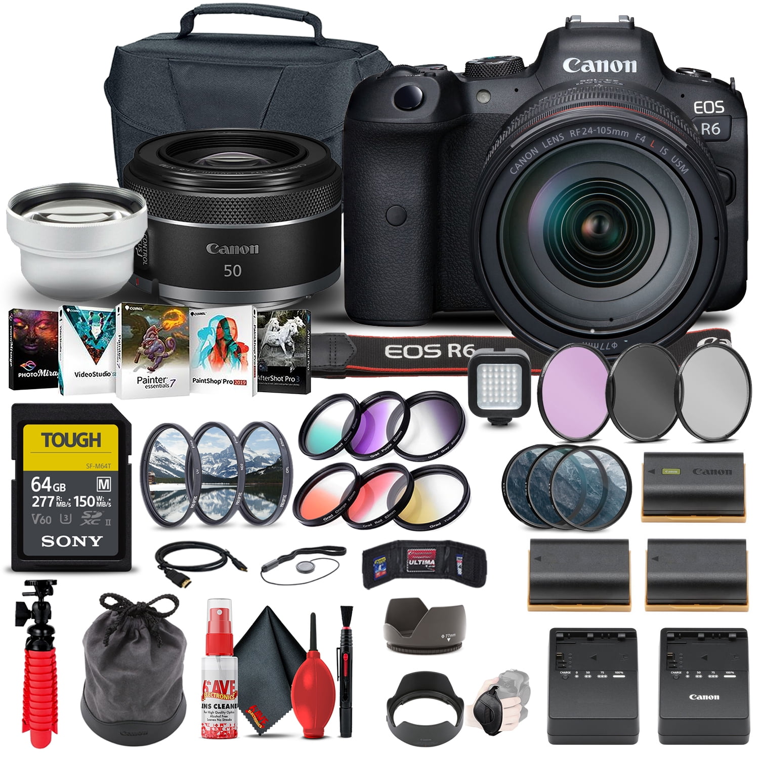  Canon EOS 6D Mark II DSLR Camera with 24-105mm f/4L II Lens  (1897C009) + 64GB Memory Card + Color Filter Kit + Case + Filter Kit +  Corel Photo Software +