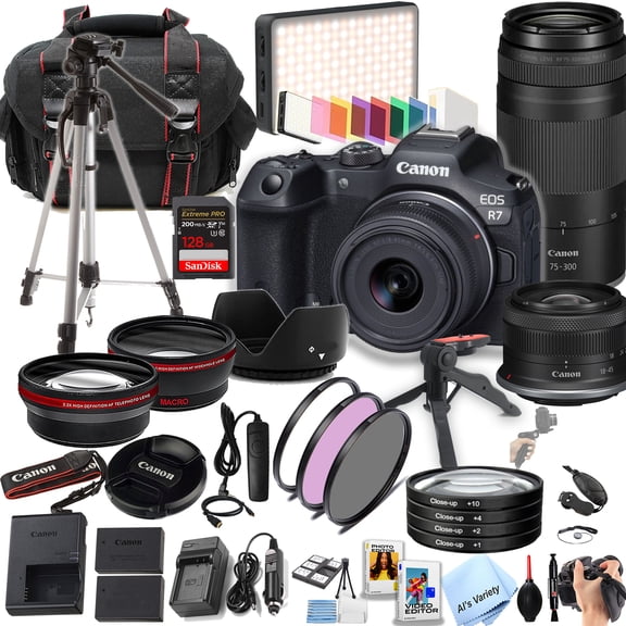 Canon EOS R7 32.5MP APS-C CMOS Sensor Mirrorless Camera with 18-45mm + 75-300mm Lenses + 128GB Extreme Memory, LED Video Light, Wide Angle Lens, Telephoto Lens, Filters- 44pc Pro Bundle