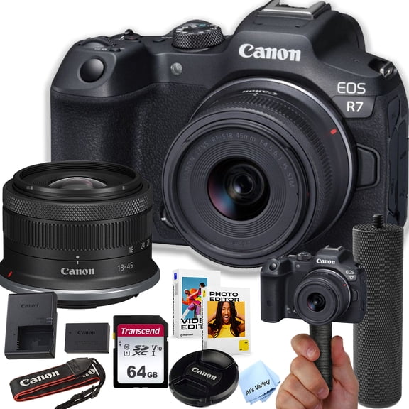 Canon EOS R7 32.5MP APS-C CMOS Sensor Mirrorless Camera with 18-45mm Lens + 64GB Memory + Stabilizing Grip + Software Pack +More (Value Bundle)