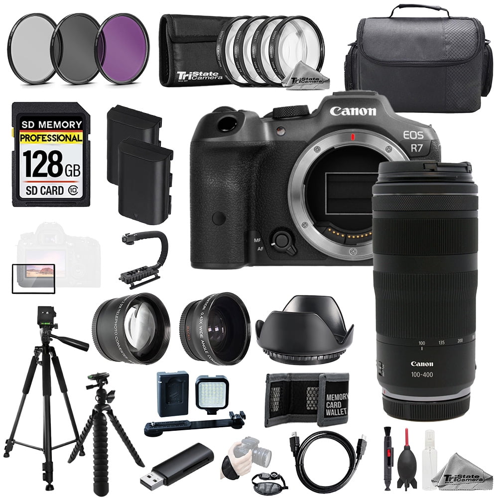 Canon EOS R7 Camera + RF 100-400mm f/5.6-8 IS USM Lens+128GB+Ext Bat+9 PC Filtr MEGA Kit (International Version)