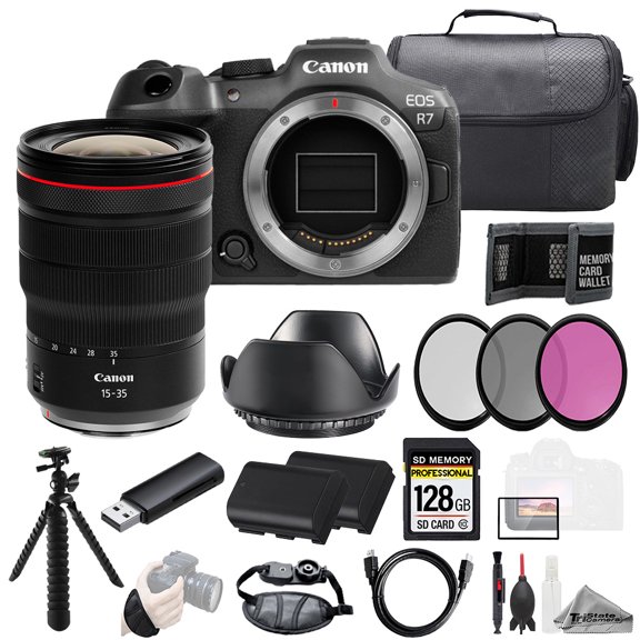 Canon EOS R7 Camera + RF 15-35mm f/2.8 L IS USM Lens 128GB + Ext Bat+ 3 PC Filter- Kit (International Version)