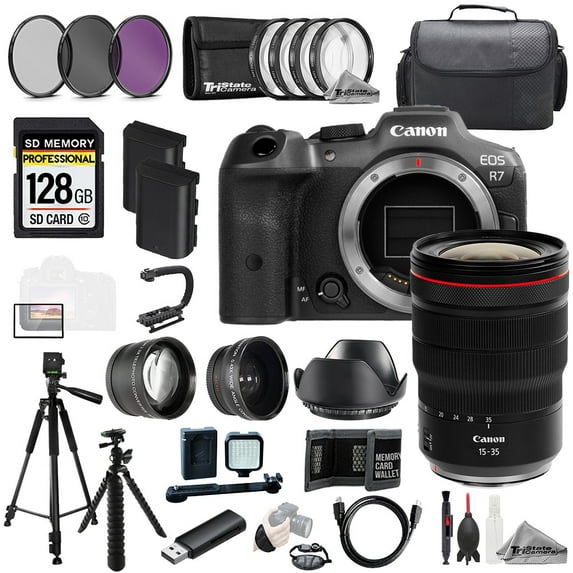 Canon EOS R7 Camera + RF 15-35mm f/2.8 L IS USM Lens+128GB+Ext Bat+9 PC Filtr MEGA Kit (International Version)