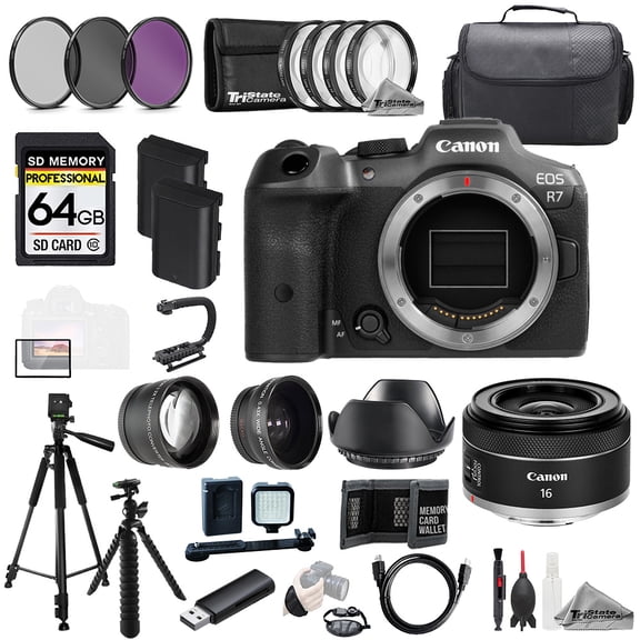 Canon EOS R7 Camera + RF 16mm f/2.8 STM Lens+64GB+Ext Bat+9 PC Filter-MEGA Kit (International Version)