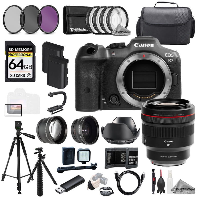 Canon EOS R7 Camera + RF 85mm f/1.2 L USM DS Lens+64GB+Ext Bat+9