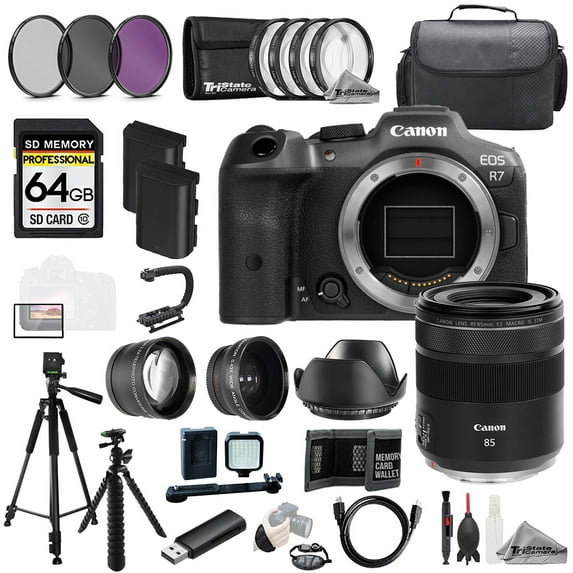 Canon EOS R7 Camera + RF 85mm f/2 Macro IS STM Lens+64GB+Ext Bat+9 PC Filter-MEGA Kit (International Version)