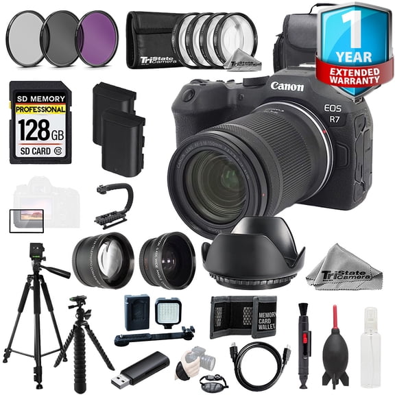 Canon EOS R7 Camera w/ RF-S 18-150mm Lens+1Yr Warranty+128GB +Ext Bat-MEGA Kit (International Version)