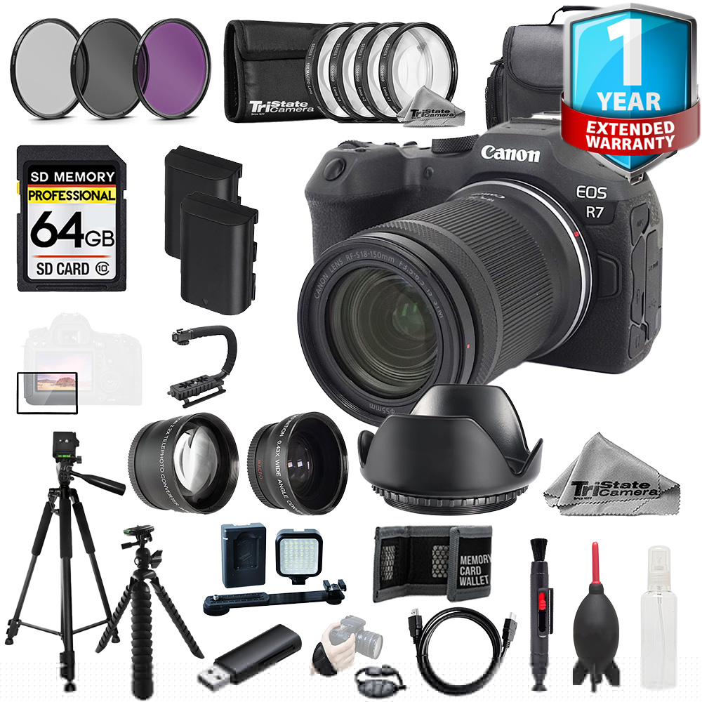 Canon EOS R7 Camera w/ RF-S 18-150mm Lens+1Yr Warranty+64GB +Ext Bat-MEGA Kit (International Version)