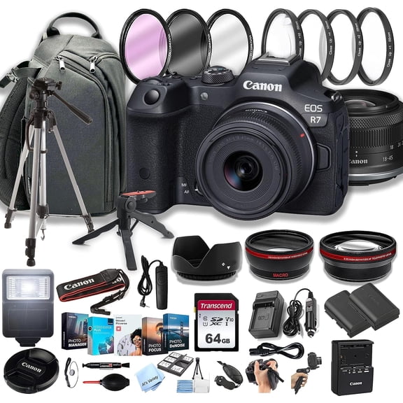 Canon EOS R7 Digital Camera with RF-S 18-45mm F/4.5-6.3 STM Lens 64GB SD Card, Professional Bundle (International Version)