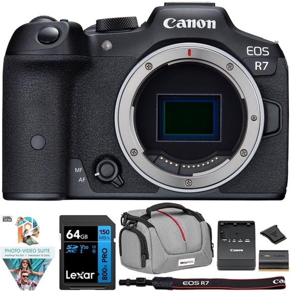 Canon EOS R7 Mirrorless APS-C Camera with 4K Video 32.5 MP CMOS Sensor Body 5137C002 Bundle with Lexar Premium 64GB SDXC Memory Card, Deco Essentials Camera Bag and Corel Photo Video Suite
