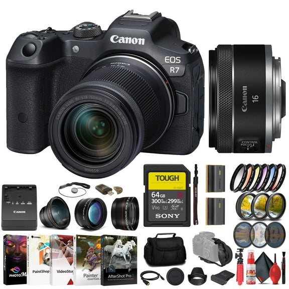 Canon EOS R7 Mirrorless Camera with 18-150mm Lens 5137C009 Canon 16mm Lens 5051C002 Sony 64GB TOUGH SD Card Filter Kit Wide Angle Lens Telephoto Lens Color Filter Kit International Model