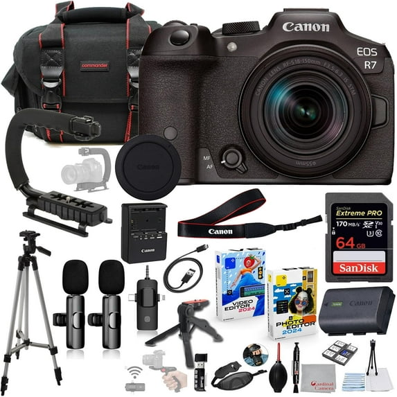 Canon EOS R7 Mirrorless Camera with 18-150mm Lens Bundle with with Commander Gear Bag + Wireless Microphone System + 64GB Extreme Memory Card + Accessory Kit