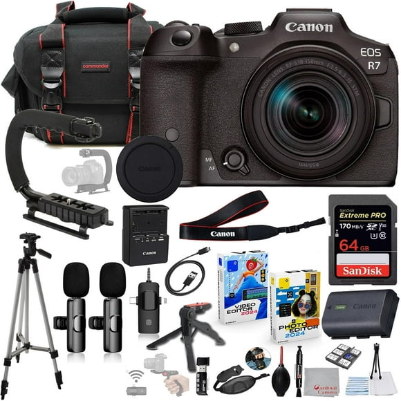 Canon EOS R7 Mirrorless Camera with 18-150mm Lens Bundle with with Commander Gear Bag + Wireless Microphone System + 64GB Extreme Memory Card + Accessory Kit