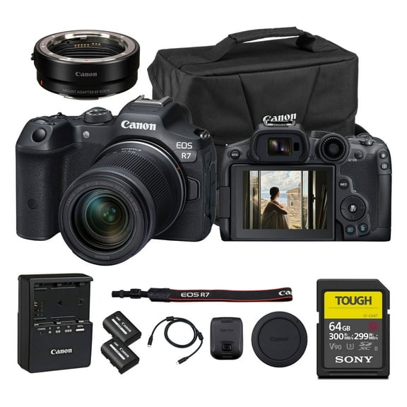 Canon EOS R7 Mirrorless Camera with 18-150mm Lens | Speed, Precision, and Versatility for Hybrid Creators (5137C009) + Canon Adapter EF-EOS R + LP-E6P Battery + 64GB Memory Card + More